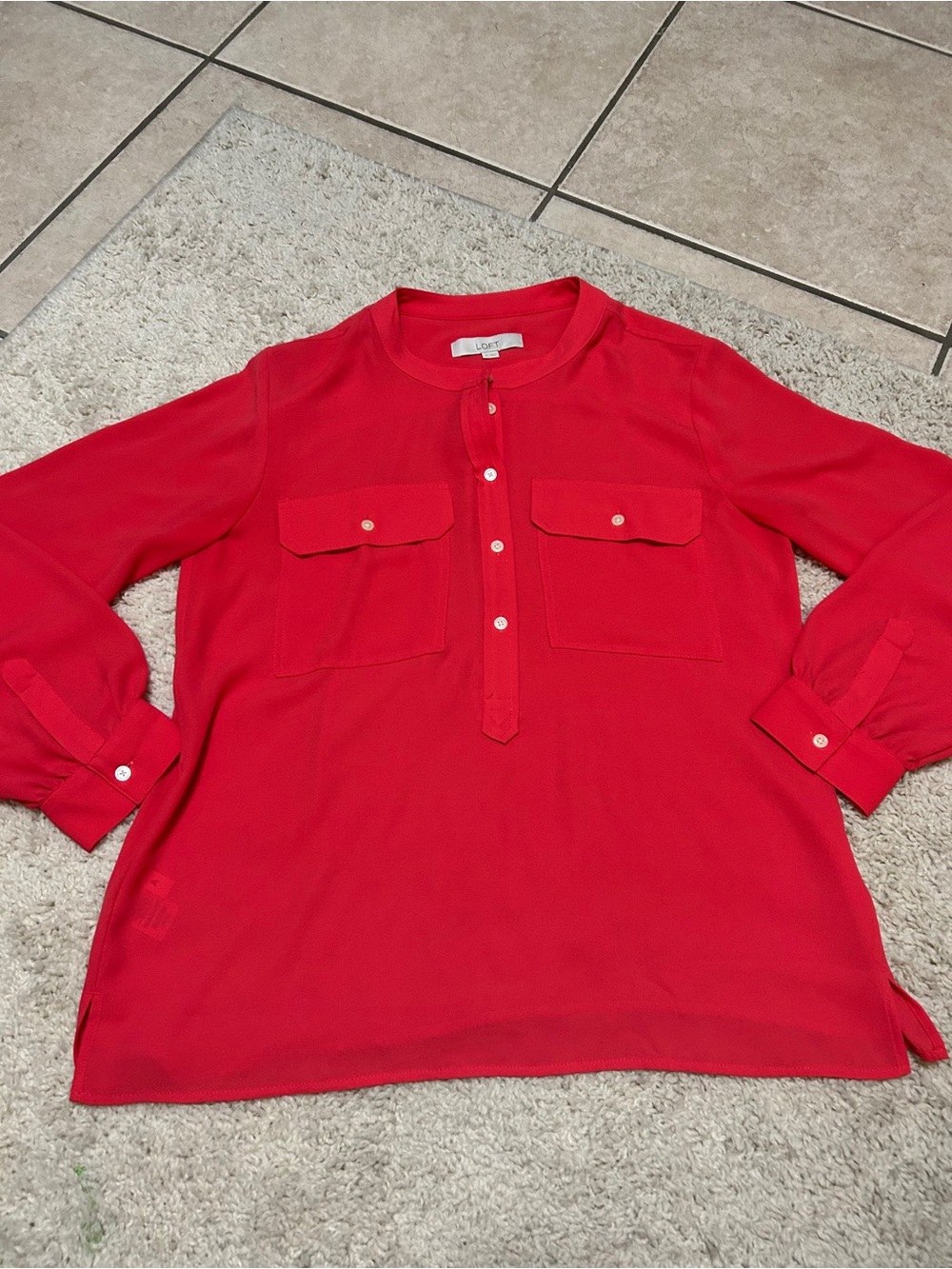 LOFT Bright Red Button-Front Pocket Blouse